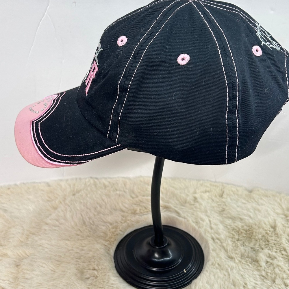 Biker Babe Embroidered Baseball Cap Black Pink Rhinestone‎ Heart Barbed Wire Hat - Picture 6 of 9